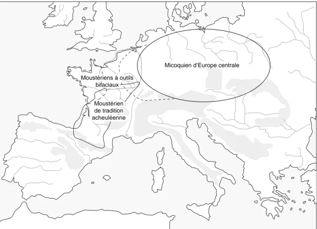 Fig. 10 : Localisation des industries bifaciales en Europe : MTA, Paléolithique moyen à outils bifaciaux et Micoquien (Europe moyenne et orien- orien-tale) d’après les travaux de D