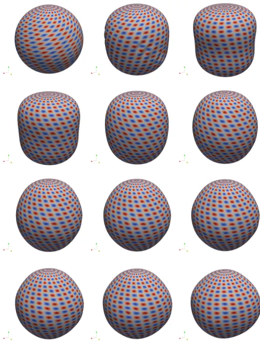 Fig. 5.2: Numerical simulation of the relaxation of a sphere due to shear force at times t = 0, 0.5s, 1s, 1.5s, 2s, 2.5s, 3s, 3.5, 4s, 4.5s, 5s, 9s