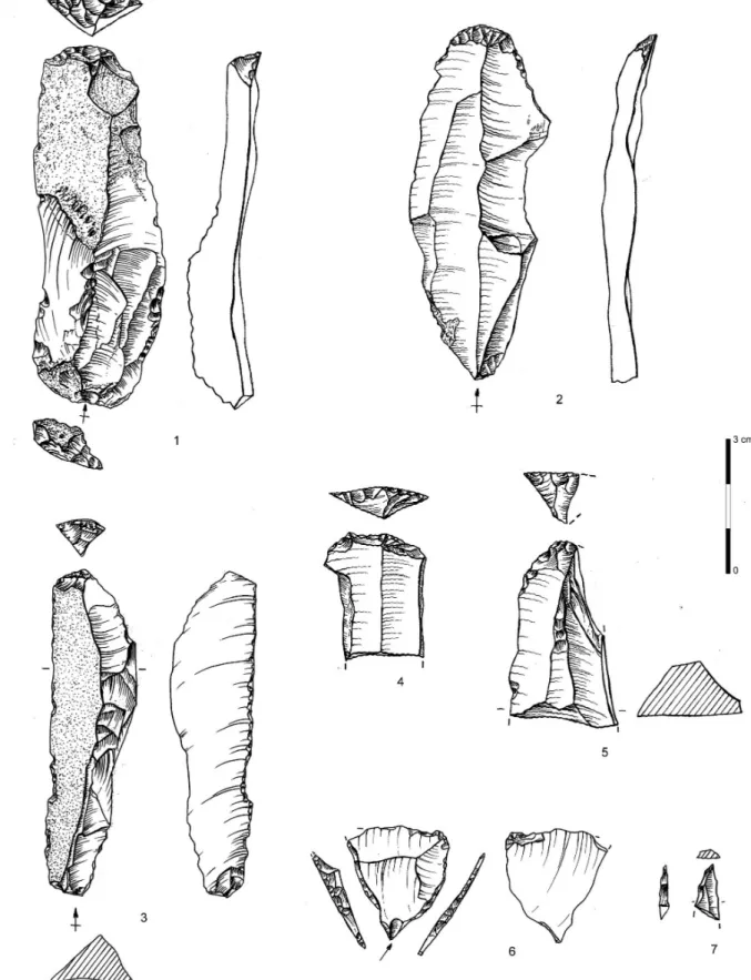 Figure 7 : Châteaulin, Penn ar Roz, industrie lithique, outillage retouché. 1 à 5 : grattoirs sur bout de lame ; 6 : bitroncature trapézoïdale ;  7 : apex de probable pointe des Blanchères (© S. Hinguant, Inrap).