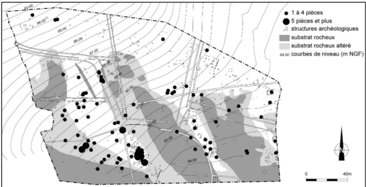 Figure 5 : Répartition spatiale des pièces lithiques sur l’emprise de la fouille (© Éric Nicolas, Inrap).