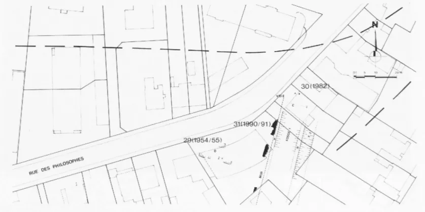 Fig. 3. Rue des Philosophes  13: plan des  structures  de  la fin de La  Tène  (les numéros  renvoient  à  la liste des  intervent ions  archéologiques ,  fig