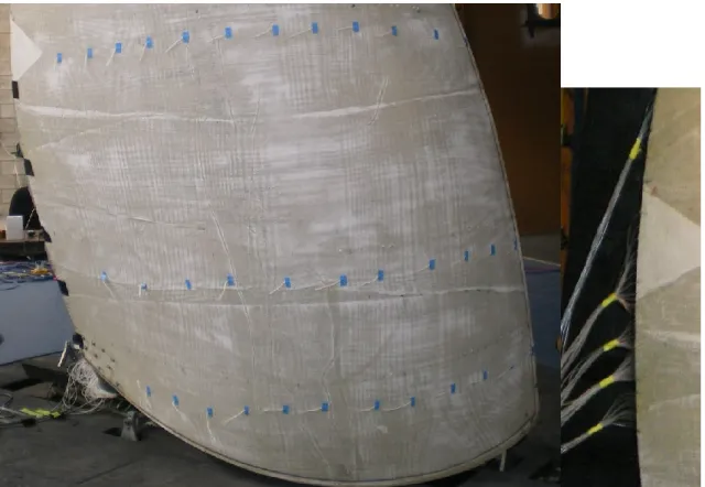Figure 9: Photograph of the leeward surface of the sail showing the wool tell-tales to visualise the  trailing edge separation region; insert: tube arrangement on the trailing edge used for the time series 