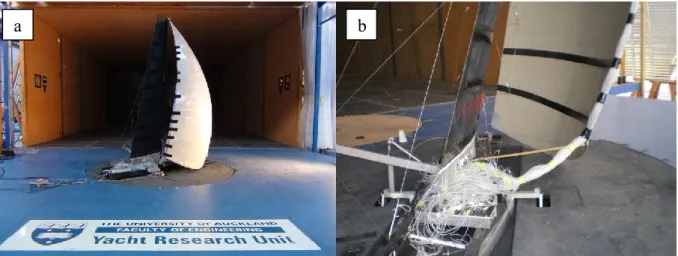 Figure  1:  Photographs  of  the  rigid  spinnaker  setup  in  the  wind  tunnel;  (a)  general  view  from  downstream; (b) close-up view from behind the yacht model (colours available in the on-line version  of the manuscript)