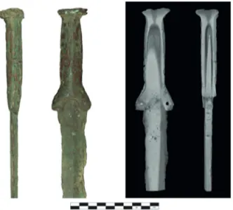 Fig. 4. Dessin et interprétation de la radiographie de l’épée de Pont- Pont-du-Château, Puy-de-Dôme (Daugas &amp; Vuaillat 2009 : 105, fig. 4).