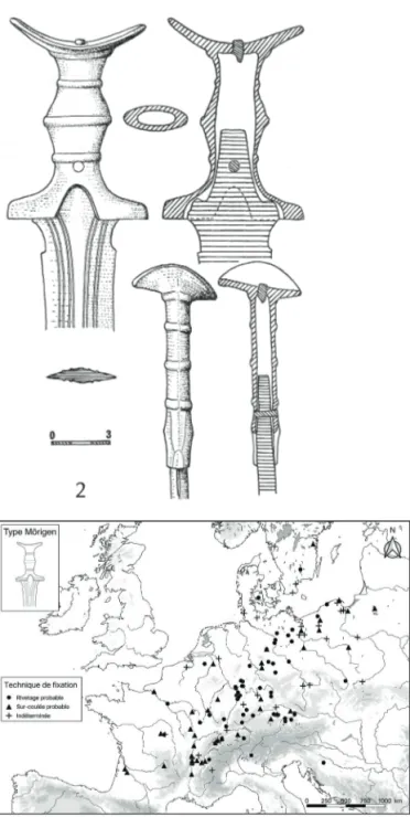 Fig. 6. Les épées du type Mörigen de Vaudrevange/Wallerfangen,  Allemagne (Mohen 1971 : 40, fig. 7) et du lac de Neuchâtel,  Suisse (Mohen 1971 : 38, fig. 6).