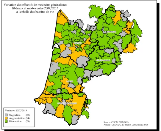 Figure   16   :   Variation   du   nombre   de   médecins   généralistes   à   l’échelle   des   bassins   de   vie        en   Aquitaine   de   2007   à   2013   (26)