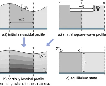 Fig. 4. Notations used for the geometry of the problem considered, either with an initial sinusoidal free surface (a.i) or with a square wave one (a.ii), both having the same wavelength w