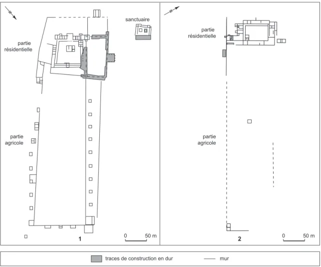Fig. 69 – Plans de villae : 1, villa du Champ des Pois à Levet (Cher) ; 2, villa de la Bastille à Thizay (Indre)   (DAO : C