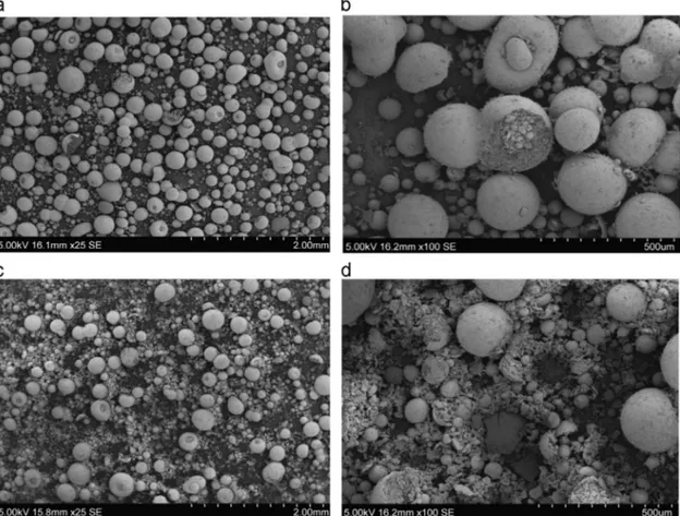 Fig. 1. SEM observations of PCMs: (a), and (b) Non-damaged PCMs (c), and (d) Damaged PCMs.