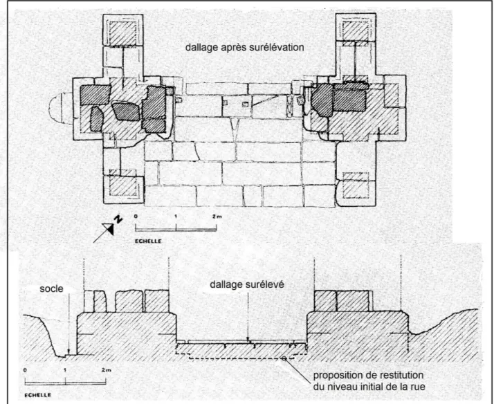 Figure 3 : Plan et coupe des vestiges réalisé en 1980. On voit la trace des gonds et des gâches de fermeture de la porte, le seuil du dallage et les retailles du soubassement qui ont servi à mettre en place un bâti de bois.