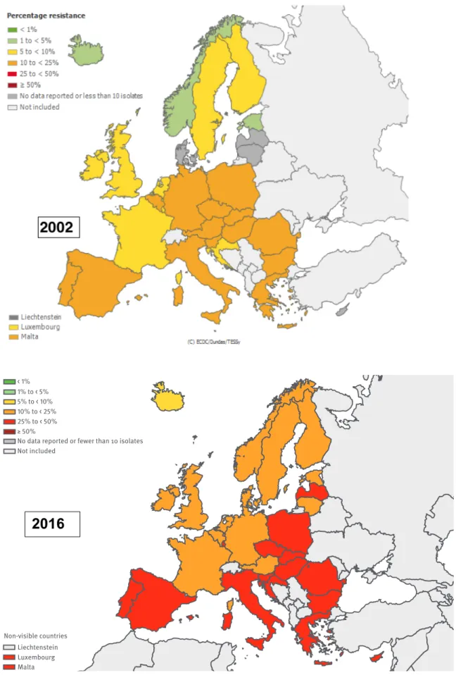 Figure 2 : pourcentage (%) de souches d’E. coli résistantes aux fluoroquinolones isolées, par pays, en Union Européenne en  2002 et en 2016