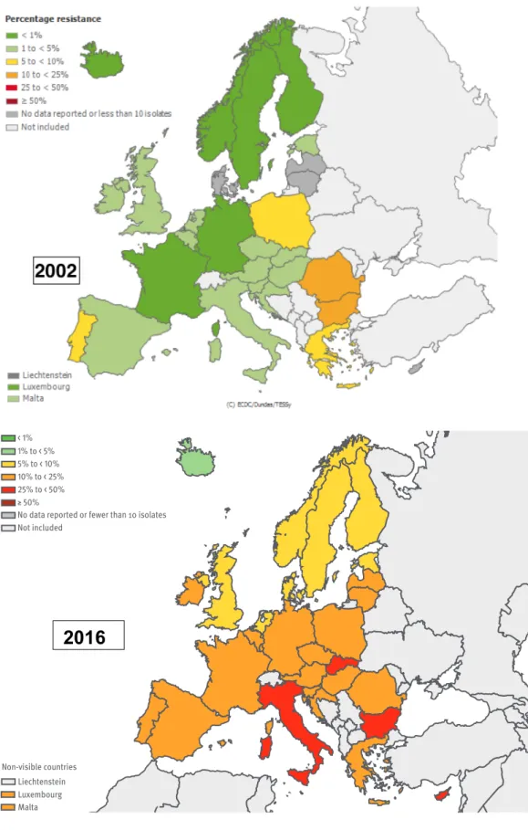 Figure 3 : pourcentage (%) de souches d’E. coli résistantes aux C3G isolées, par pays, en Union Européenne en 2002 et en  2016
