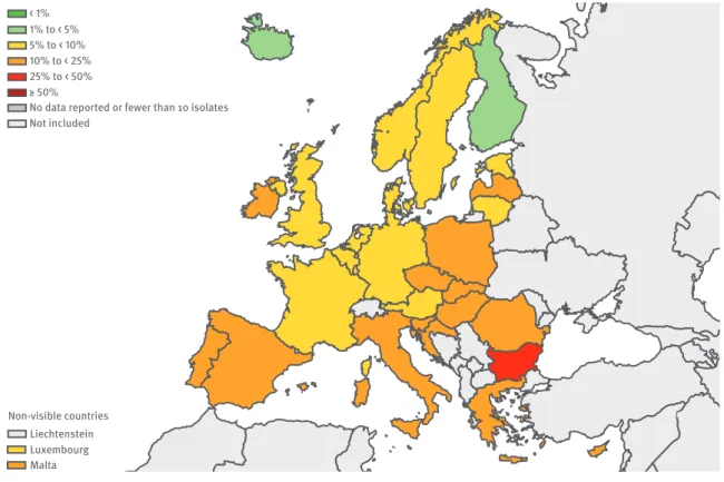 Figure 4 : pourcentage (%) de souches d’E. coli résistantes aux aminosides isolées, par pays, en Union Européenne en 2016