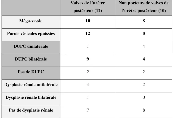 Tableau 3. Signes échographiques évocateurs de VUP retrouvés  chez les patients porteurs et indemnes