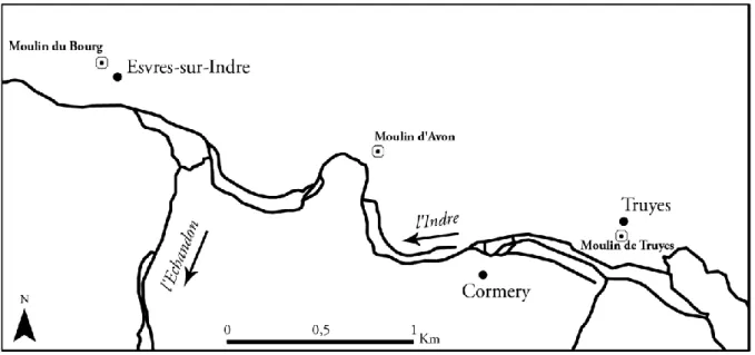 Figure 4. Localisation potentielle des moulins de Cormery cités en 844 (réal. T. Pouyet) 