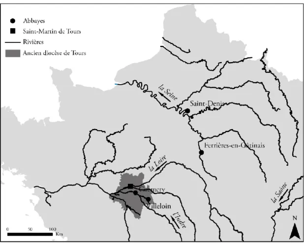 Figure 1. Localisation de abbayes de Cormery, Villeloin, Ferrières et Saint-Denis et des réseaux hydrographiques 