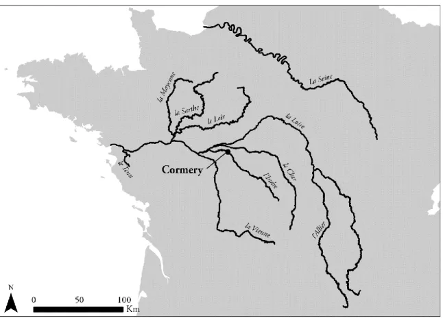 Figure 2. Fleuves et rivières cités dans les actes carolingiens de Cormery (réal. T. Pouyet) 