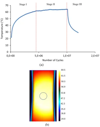 Fig. 5. Temperature evolution versus number of cycles for different stress ampli- ampli-tudes before stopping the tests.