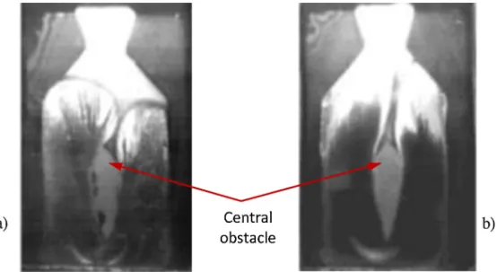 Fig. 9. Shots from ﬁlmed die ﬁlling with Al A357 in the case of the experimental spider obstacle: (a) 0.25 m s −1 ram speed; (b) the same at 1 m s −1 