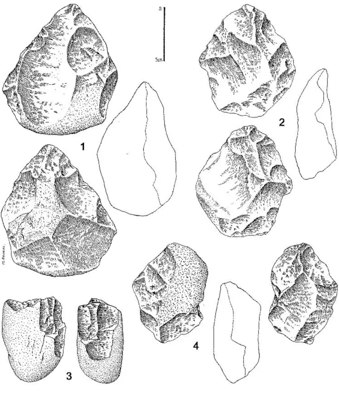 Figure 7 - Industrie ancienne de Mediouna à Achakar, près de Tanger : nucleus divers de la couche 1b (d’après Alouane, 1986) (dessins M