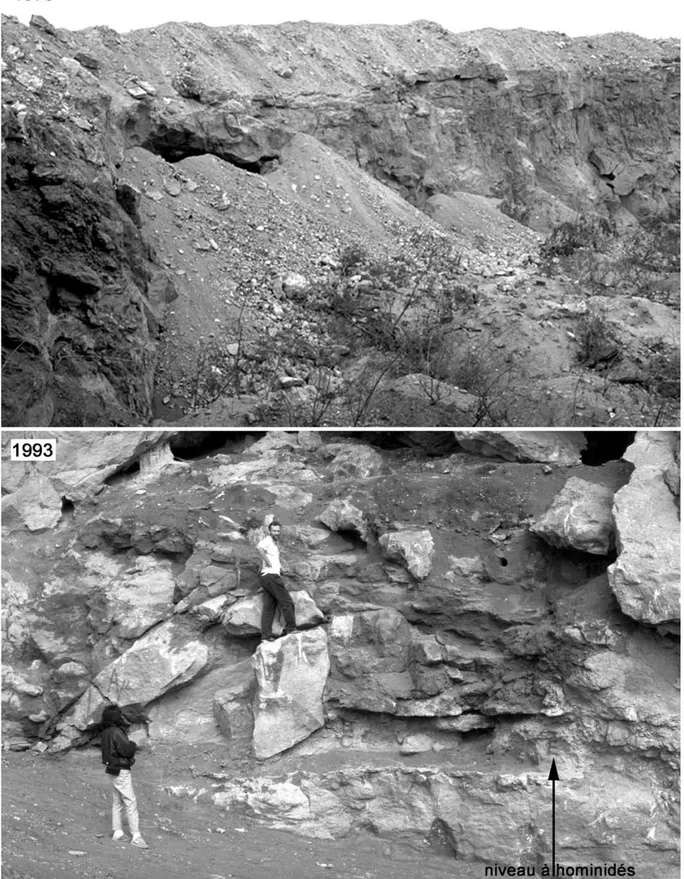Figure 8 - Carrière Thomas 1 avant et après le dégagement des remblais et l’extension des fouilles (clichés Raynal).