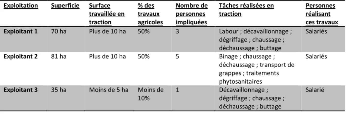 Tableau I : Réponses des exploitations viticoles au premier questionnaire de sélection