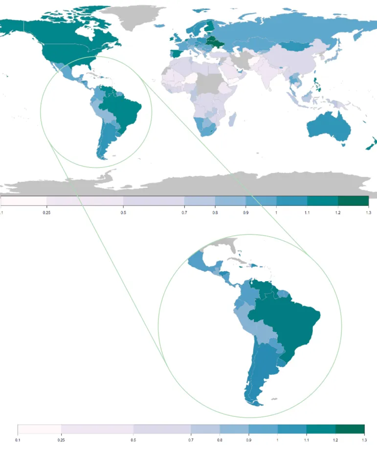 FIGURE 7:  MAP OF THE FACEBOOK GENDER GAP INDEX FOR THE WORLD (UPPER PANEL) AND  FOR THE LATIN AMERICA AND CARIBBEAN REGION (LOWER PANEL)