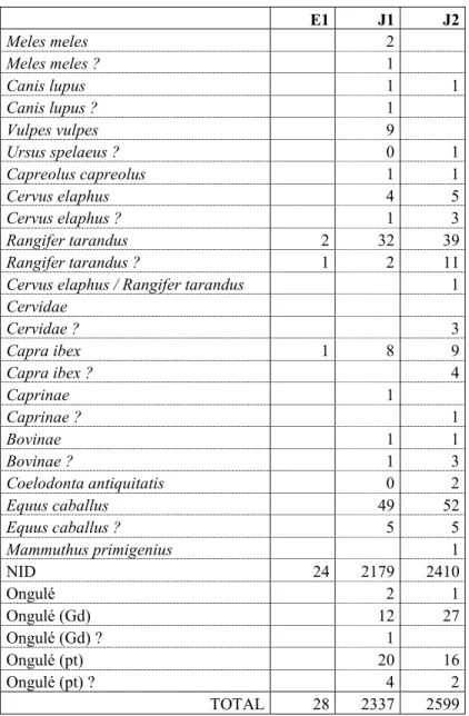 Tableau 2. Sainte Anne 1. Nombre de restes par couche (inventaire provisoire)