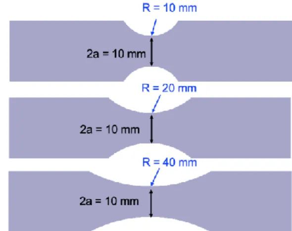 Fig. 6: Nominal geometry of the notched flat plates applied in quasi-static tensile tests