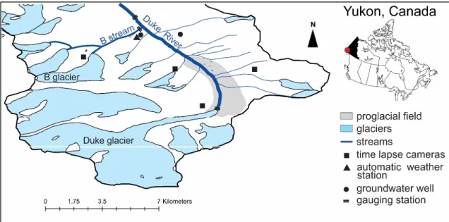 Figure 2.2 Upper Duke River valley with location of main monitoring equipment  The first field campaign took place during the period of 26 June – 12 July 2015 in the upper  Duke River valley and served mostly as a reconnaissance and preliminary exploration