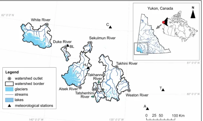 Figure 3.1 Study area and the selected watersheds in the southwestern Yukon, Canada. Gray  circles with black points correspond to the outlets of the watersheds