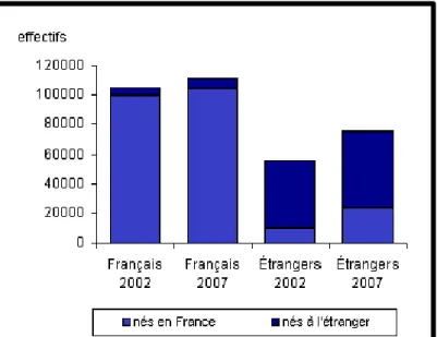 Figure  8 : graphique sur la population de Mayotte selon la nationalité et le lieu de naissance  (INSEE, 2007) 