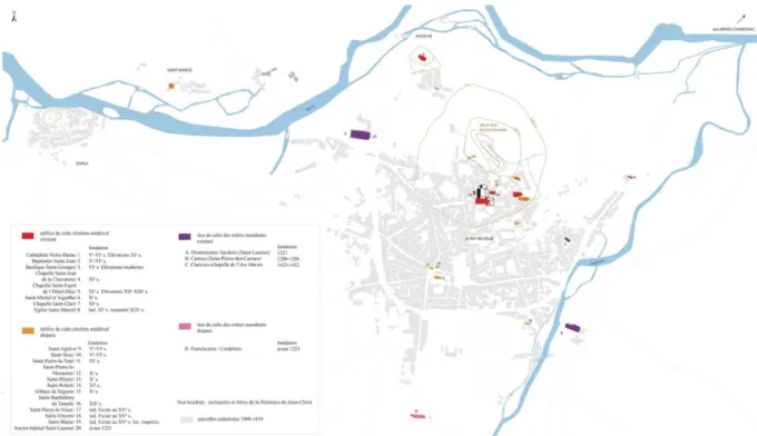Fig. 1. Localisation des lieux de cultes chrétiens dans et autour de la ville   du Puy-en-Velay – X e -XV e  siècles