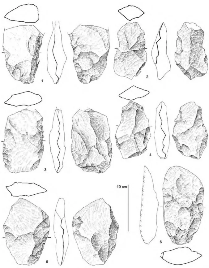 Figure 10 - Carrière de la STIC, récoltes P. Biberson : hachereaux de divers types (d’après Bernoussi, 1992) (dessins M