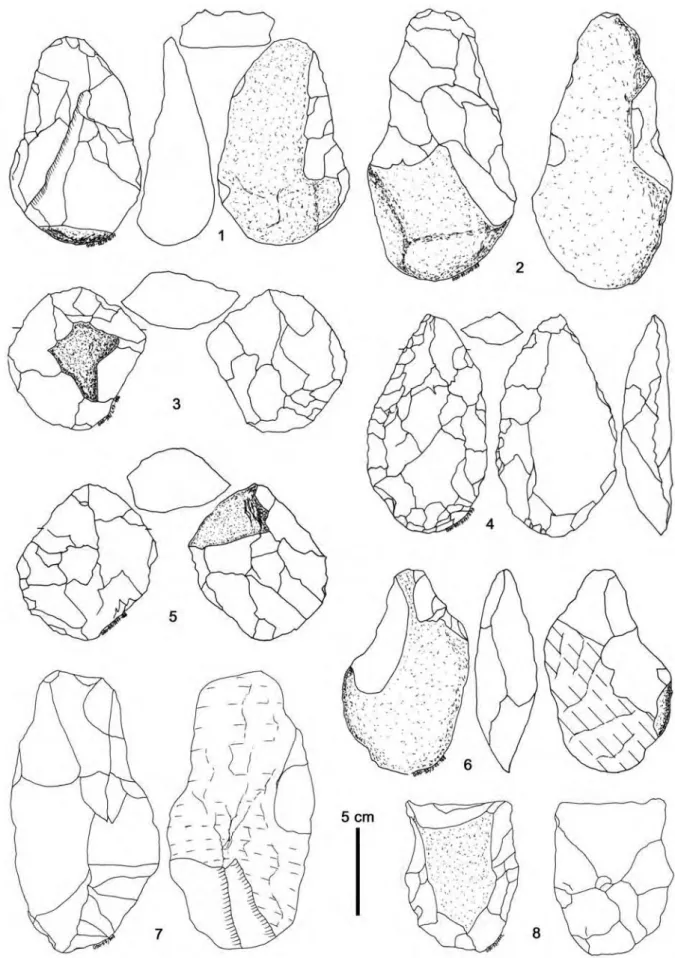 Figure 11 - Outillage de la Grotte des Ours à Sidi Abderrahmane : bifaces (1, 2, 4, 6), nucleus discoïdes (3, 5), hachereaux (7, 8) (d’après Mohib, 2001).