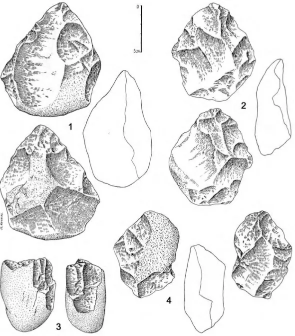 Figure 7 - Industrie ancienne de Mediouna à Achakar, près de Tanger : nucleus divers de la couche 1b (d’après Alouane, 1986) (dessins M