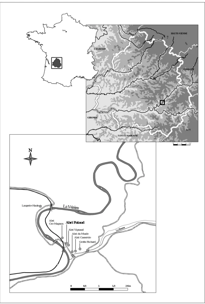 Fig. 2 : Localisation géographique de l'abri Pataud (Les Eyzies-de-Tayac, France)LaBeuneLa VézèreLaugerie-HauteAbri VignaudAbri