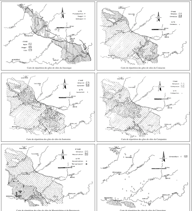 Fig 4 : Cartes de répartition des gîtes de silex dans les environs de l'abri Pataud (Chiotti, 1999, d'après Demars, 1982).