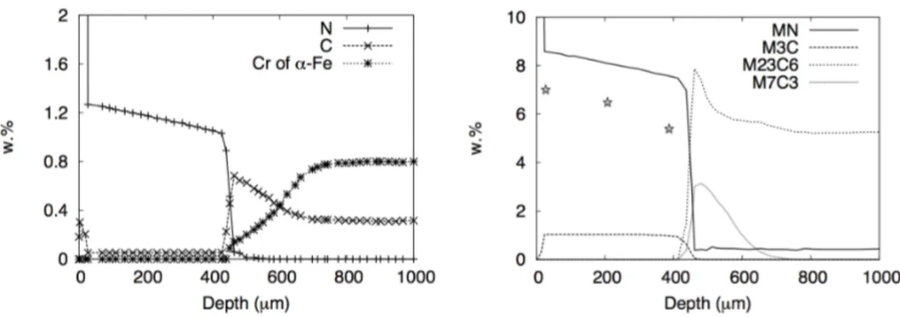 Figure 4: Comparisons between modelling and experimental data (stars) [7] using diffusion simu- simu-lations in case of a 32CrMoV13 steel grade nitrided 50 h at 550˚C.
