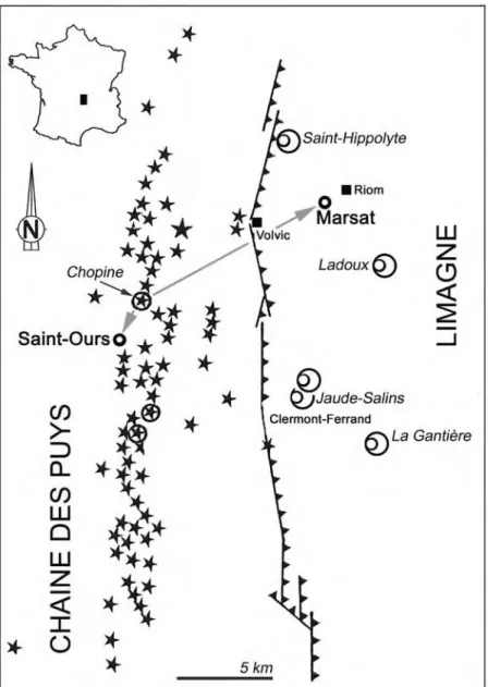 Figure 6  :  Dispersion des produits du Puy  Chopine dans le contexte volcanologique local (même symbolique que la figure 2).
