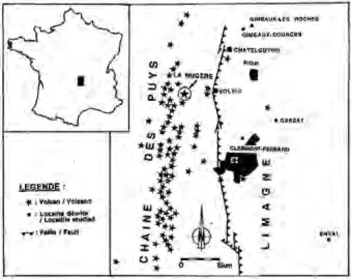Figure 1 : Carte schématique des volcans de la Chaîne des Puys (d'après CAMUS et al., 1983) et emplacement des localités décrites.