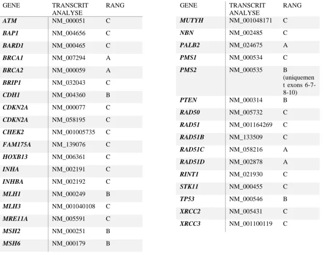 Tableau 3 : Liste du panel 34 gènes réalisé dans le cadre du panel HBOC au laboratoire