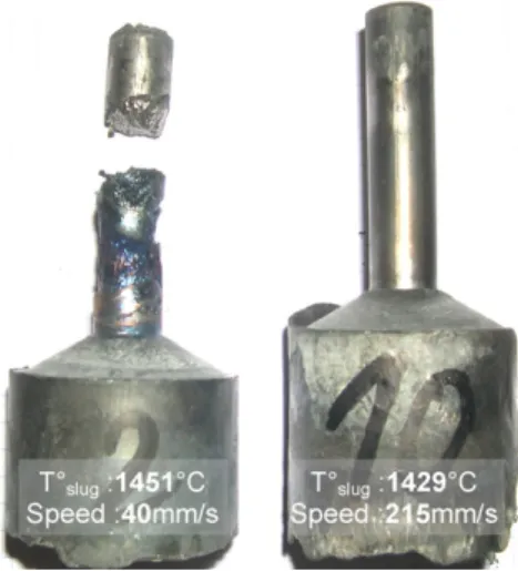 Fig. 17. Two thixoextruded parts having a bad shape (left) and an exact shape (right) forged at the same load (200 kN) but for different initial slug temperature and ram speed (“cold” die).