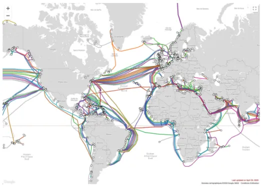 Figure 5. Carte des câbles sous-marins d’internet/vieilles routes commerciales Source :  https://www.submarinecablemap.com/COUCHE CONTENUCOUCHE LOGIQUECOUCHE PHYSIQUE NavigateursOpérateursSystèmes d’exploitationRéseaux sociauxMoteurs de recherche Session 3
