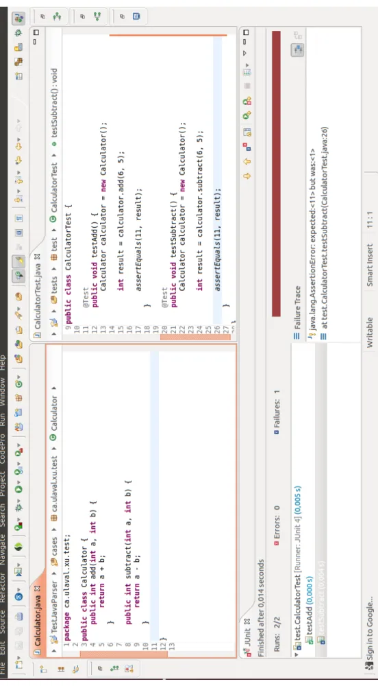 Figure 2.1: Test unitaire avec JUnit et un rapport dans Eclipse.