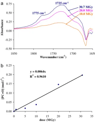 Fig. 4. Effect of NH 3 treatment on the IR spectrum of 30.7 MGy irradiated sample (subtracted spectra between treated and untreated sample) in the hydroxyl region (a) and in the carbonyl region (b).
