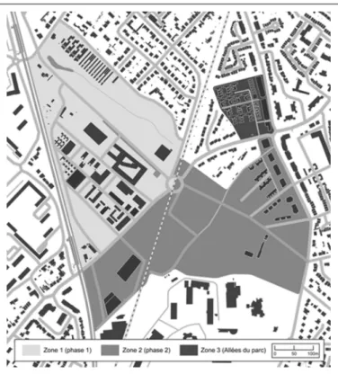 Fig. 3 La ZAC Bottière-Chénaie en 2012 (cartographie : M. Adam | fond de carte : OpenStreetMap)