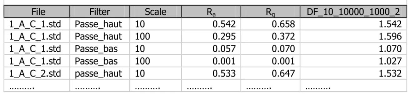 Table 1. Result of multi-scale analyses stored in our DataBase thanks to ODBC protocol 