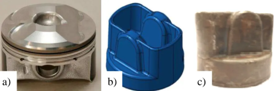 Figure 5 : a) Mazda Skyactiv-G engine piston, b) and c) C45 steel piston, designed and  thixoforged at Arts et Métiers, [16]