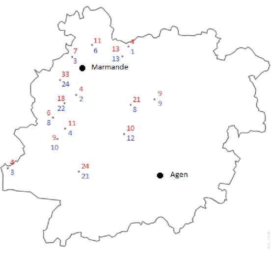 Figure 1 : Nombre de patients suspectés d’AVC par communes du secteur du CHIC MT admis  initialement à l’hôpital d’Agen en 2013-2014 (en rouge N = 184) et en 2015-2016 (en bleu N = 146)  On peut voir sur la figure 1 que les patients dépendant du secteur du